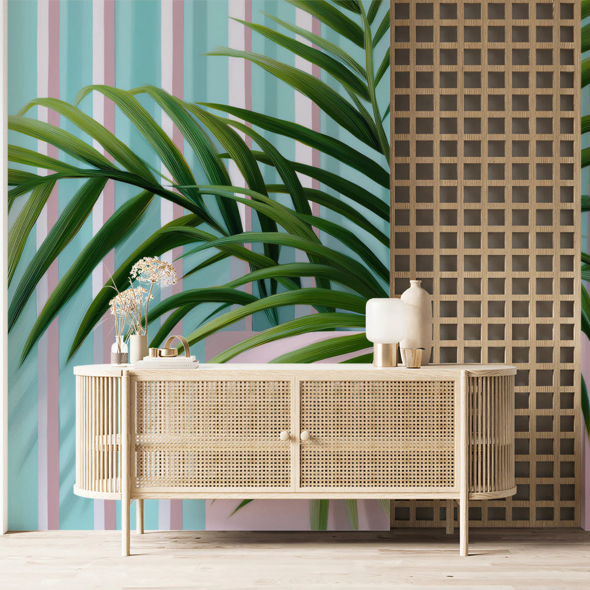 Palm Leaves Striped Mural Wallpaper —Pop Art Geometric Design Mural Wallpaper - pure wallpaper artwork