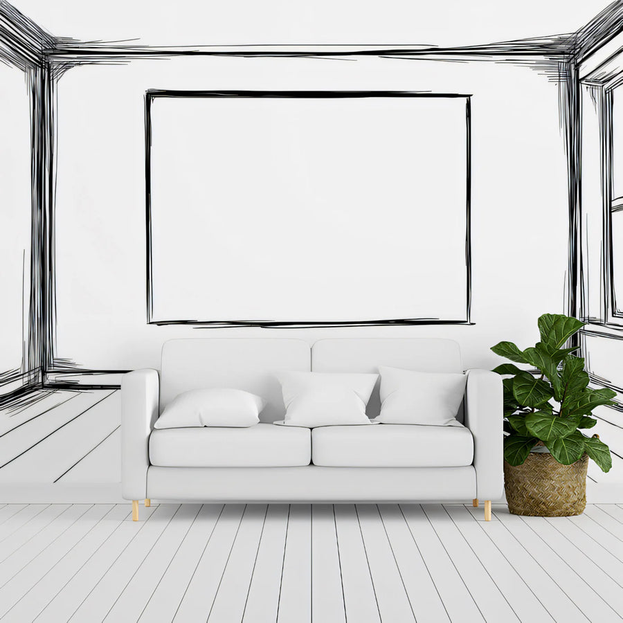 Architectural Sketch Room Mural Wallpaper — Monochrome Line Art Mural Wallpaper