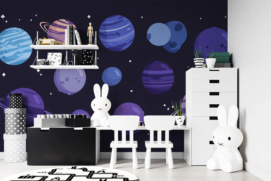 Cosmic Planets Pattern Mural Wallpaper — Whimsical Galaxy Theme Mural Wallpaper