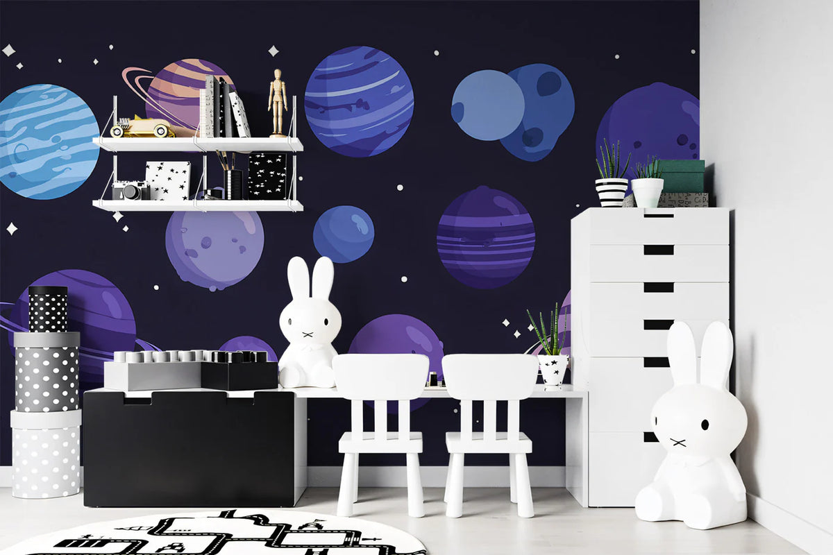 Cosmic Planets Pattern Mural Wallpaper — Whimsical Galaxy Theme Mural Wallpaper - pure wallpaper artwork