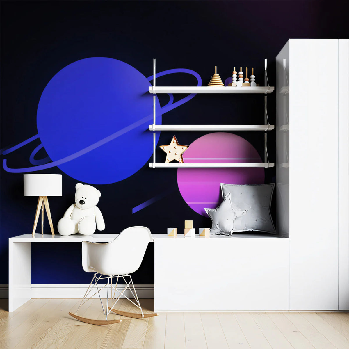Minimalist Cosmic Planets Mural Wallpaper — Modern Synthwave Style Mural Wallpaper - pure wallpaper artwork