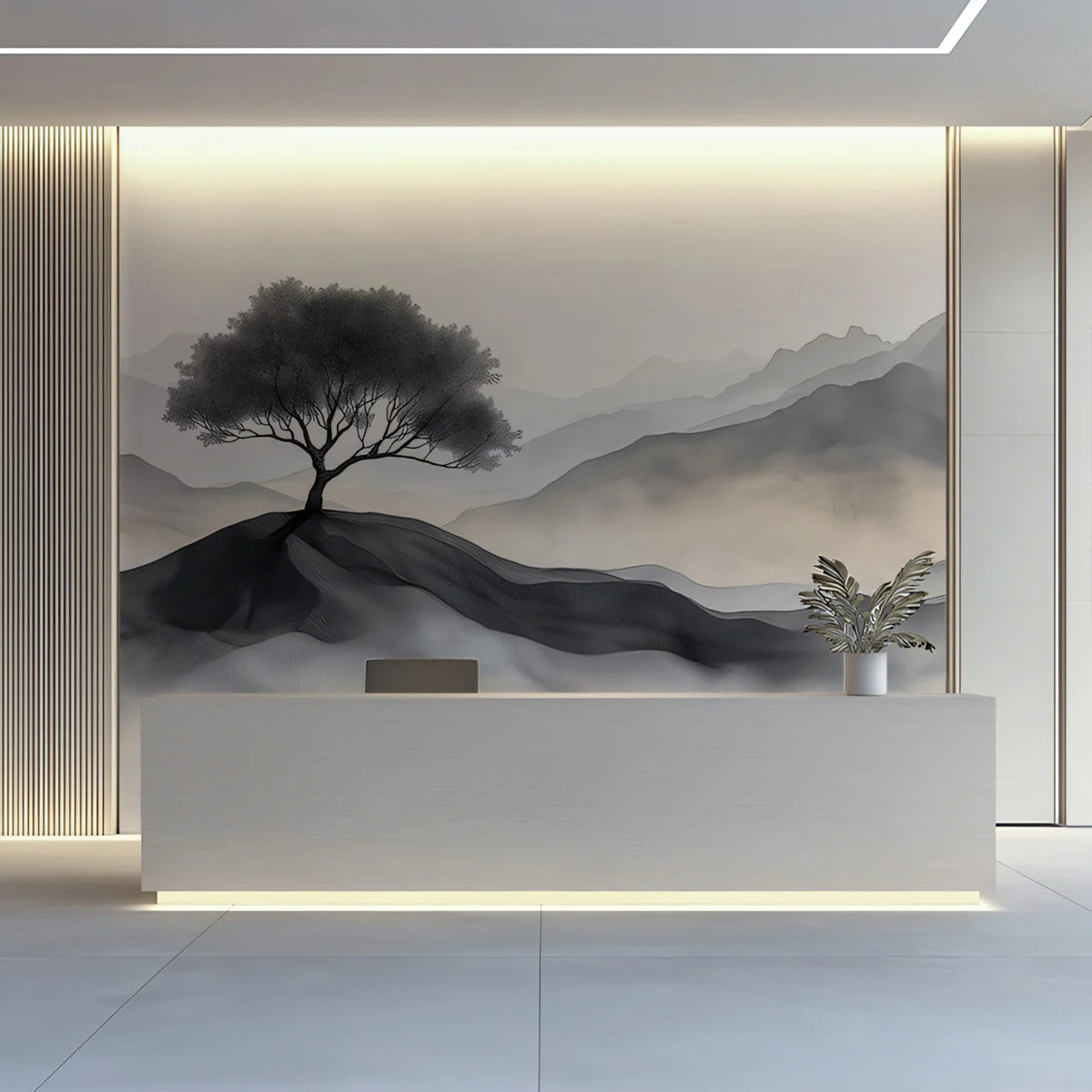 Minimalist Ink Wash Landscape Mural Wallpaper — Zen Tree Design Mural Wallpaper - pure wallpaper artwork
