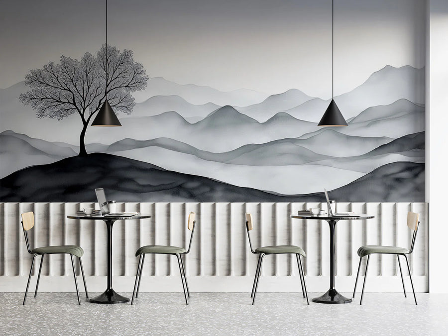 Ink Wash Mountain Solitary Tree Mural Wallpaper — Zen Landscape Mural Wallpaper