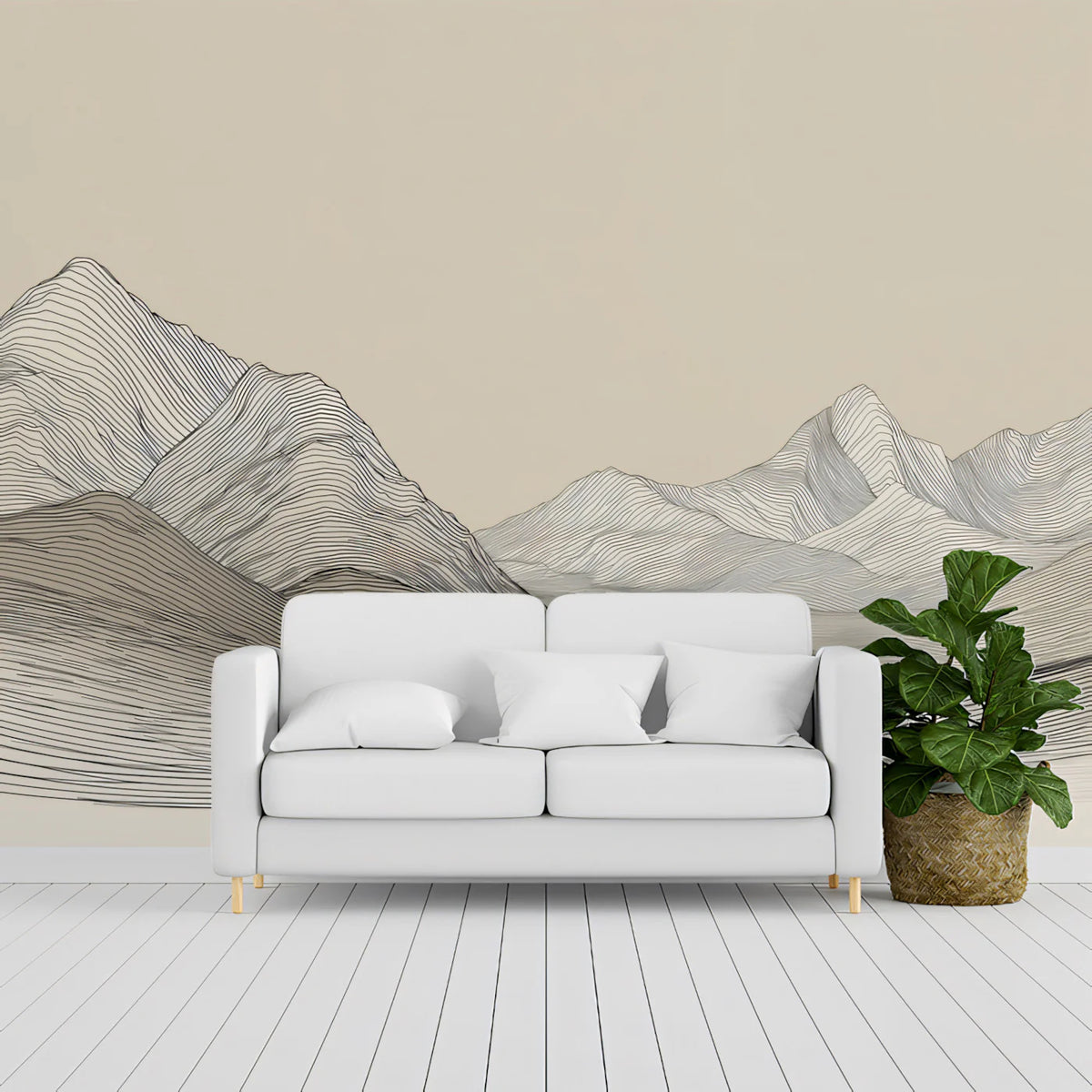 Minimalist Contour Mountain Mural Wallpaper — Organic Line Art Mural Wallpaper - pure wallpaper artwork