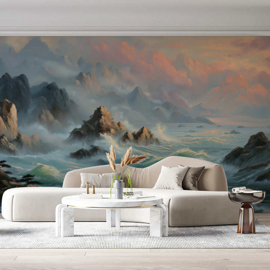 Mist-Covered Mountain Coast Mural Wallpaper — Painterly Oil Scene Mural Wallpaper