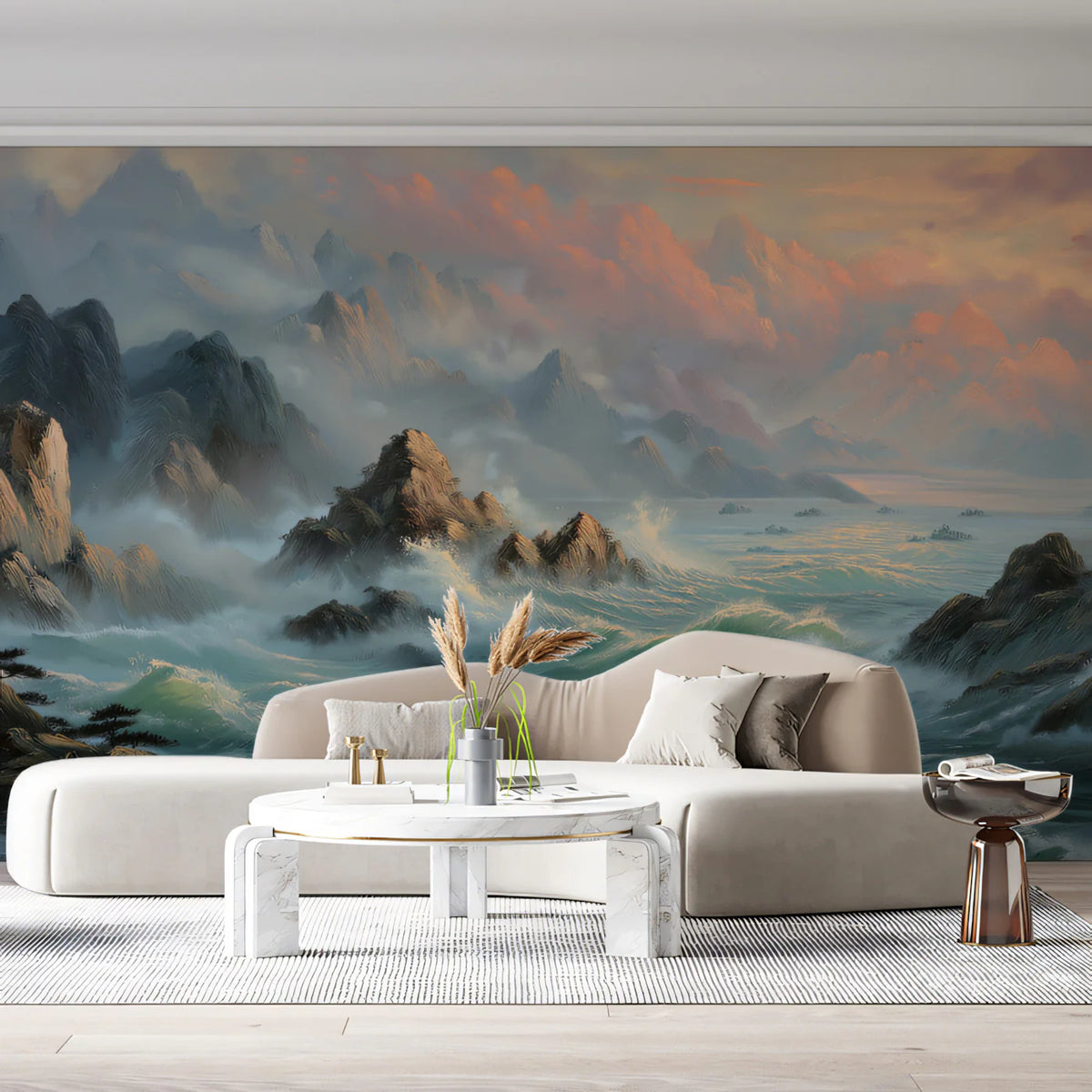 Mist-Covered Mountain Coast Mural Wallpaper — Painterly Oil Scene Mural Wallpaper - pure wallpaper artwork