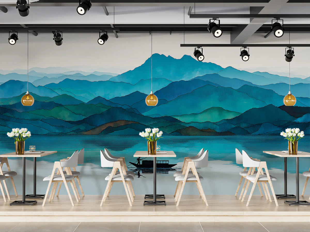 Watercolor Mountain Lake Mural Wallpaper — Teal Horizon Landscape Mural Wallpaper - pure wallpaper artwork