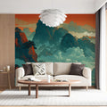 Chinese Landscape Mural Wallpaper — Blue Mountain Sunset Scene Mural Wallpaper - pure wallpaper artwork