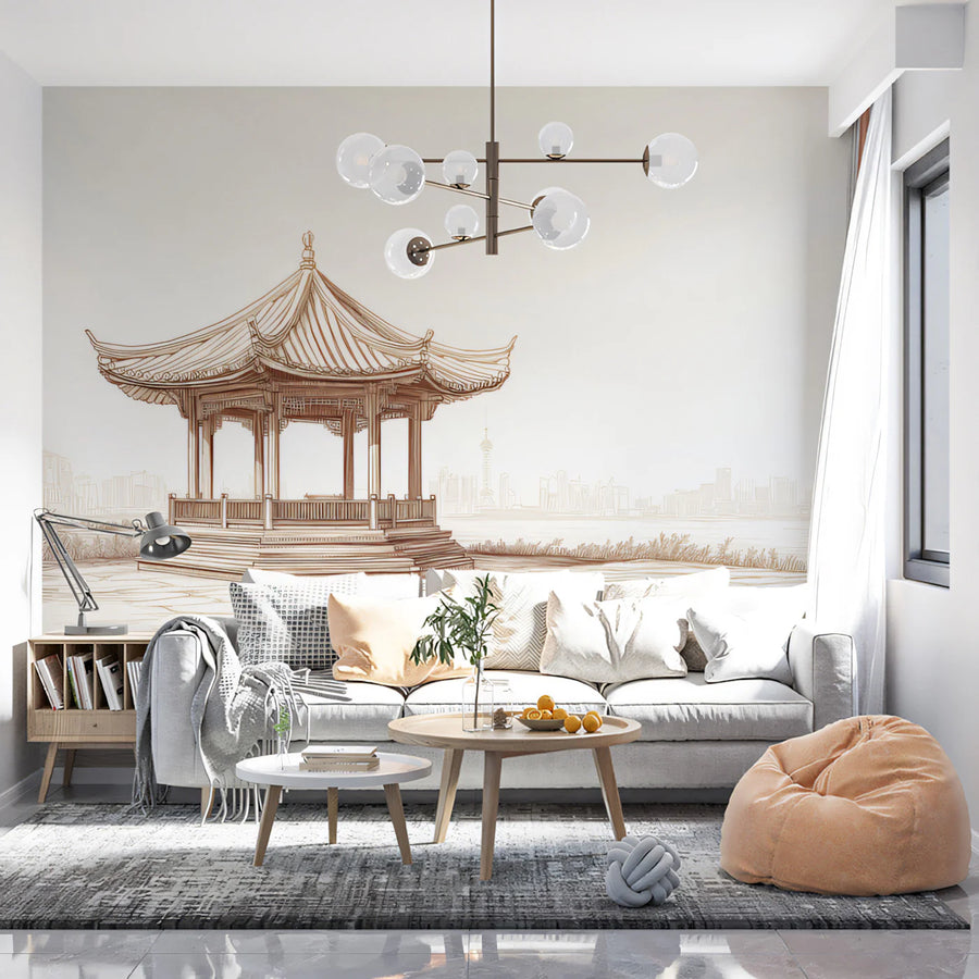 Traditional Chinese Pavilion Sketch Mural Wallpaper — Sepia Skyline Mural Wallpaper