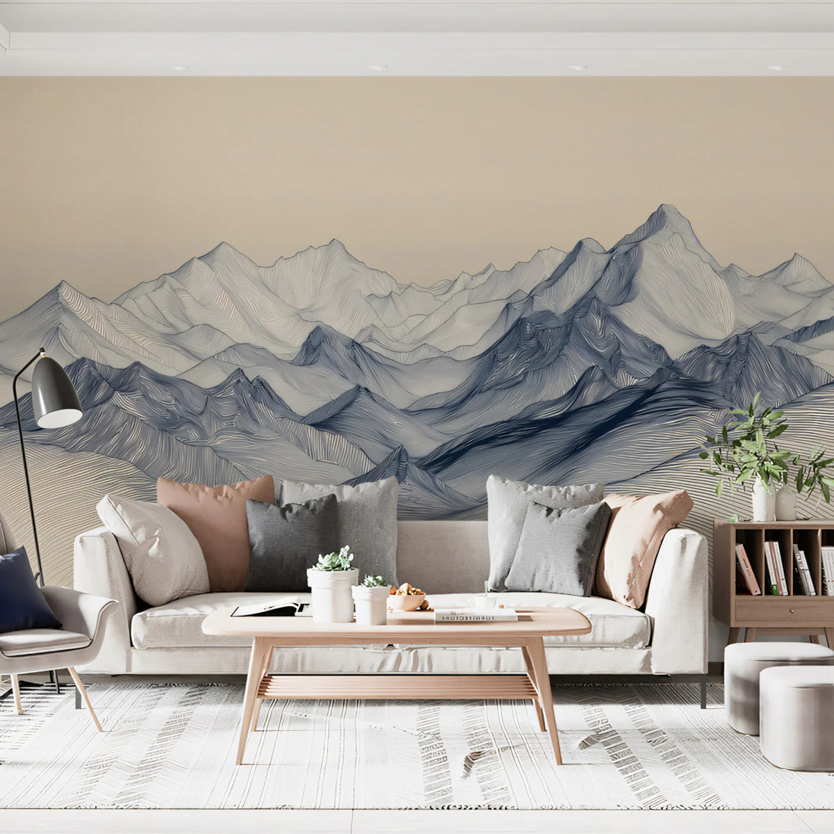 Minimalist Mountain Range Mural Wallpaper — Blue Line Art Landscape Mural Wallpaper - pure wallpaper artwork