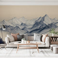 Minimalist Mountain Range Mural Wallpaper — Blue Line Art Landscape Mural Wallpaper - pure wallpaper artwork