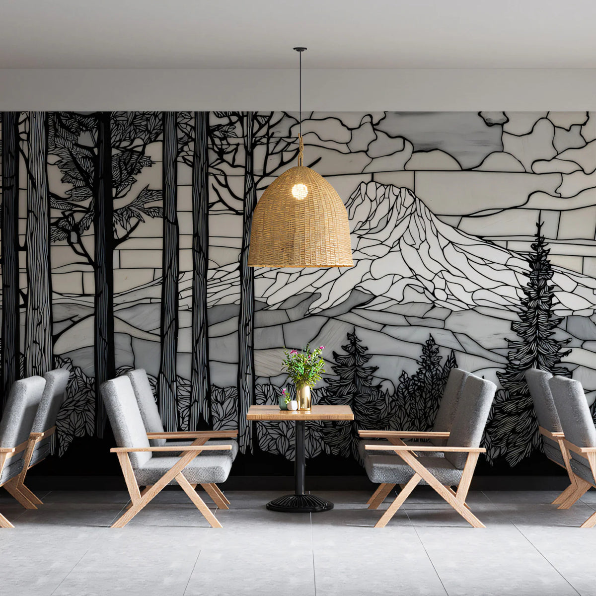 Stained Glass Mountain Forest Mural — Black and White Landscape Mural Wallpaper - pure wallpaper artwork