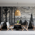Stained Glass Mountain Forest Mural — Black and White Landscape Mural Wallpaper - pure wallpaper artwork