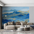 Blue Mountain Landscape Mural Wallpaper — Traditional Gold Line Art Mural Wallpaper - pure wallpaper artwork