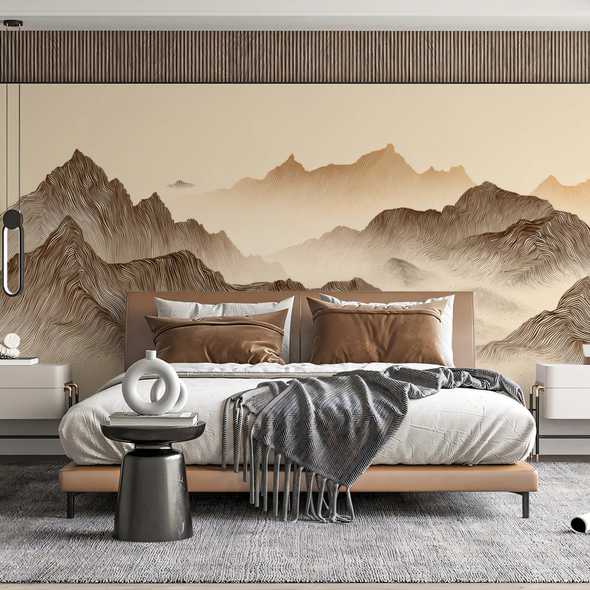 Vintage Mountain Engraving Mural Wallpaper — Sepia Line Art Mural Wallpaper - pure wallpaper artwork