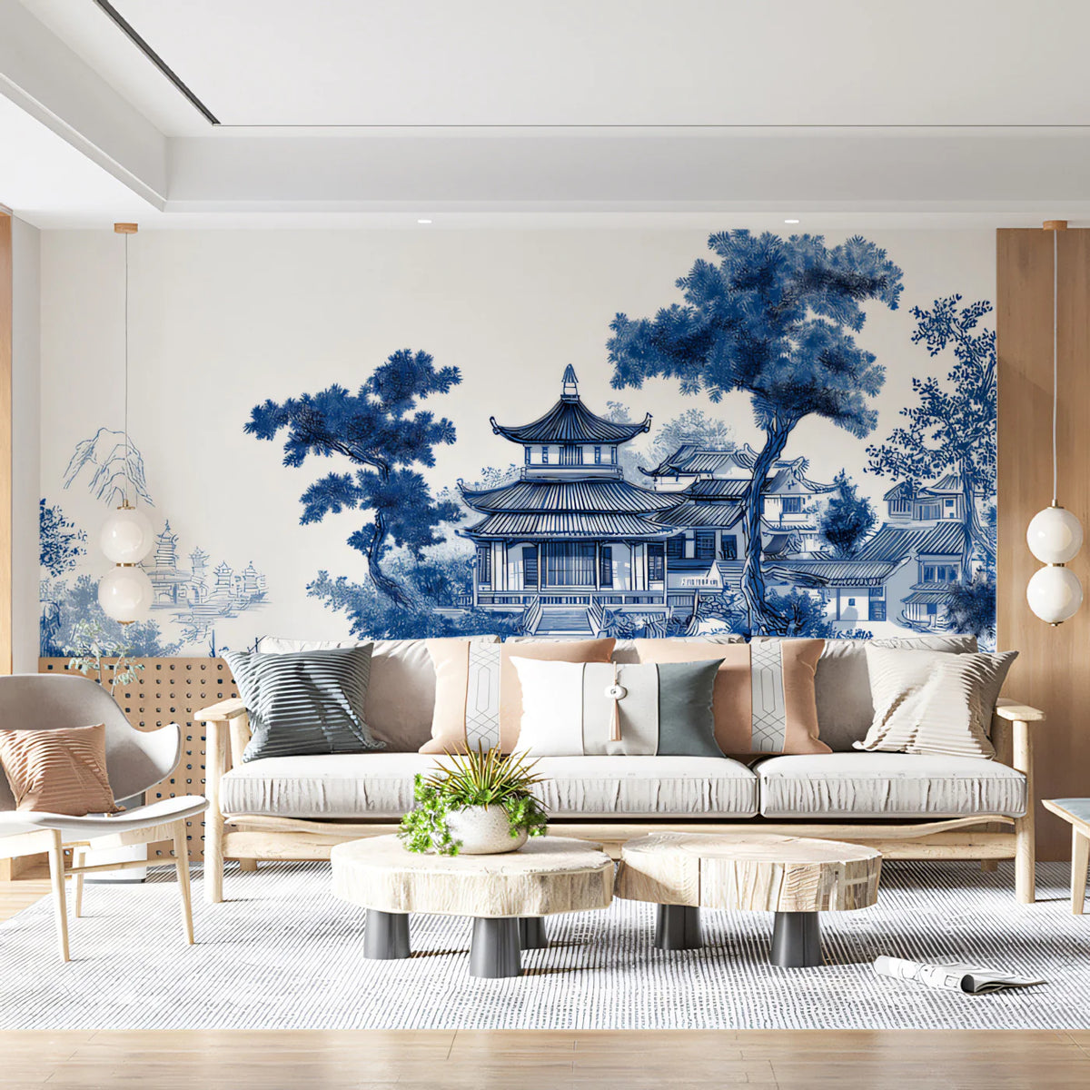 Chinoiserie Landscape Mural Wallpaper in Cobalt and White Mural Wallpaper - pure wallpaper artwork