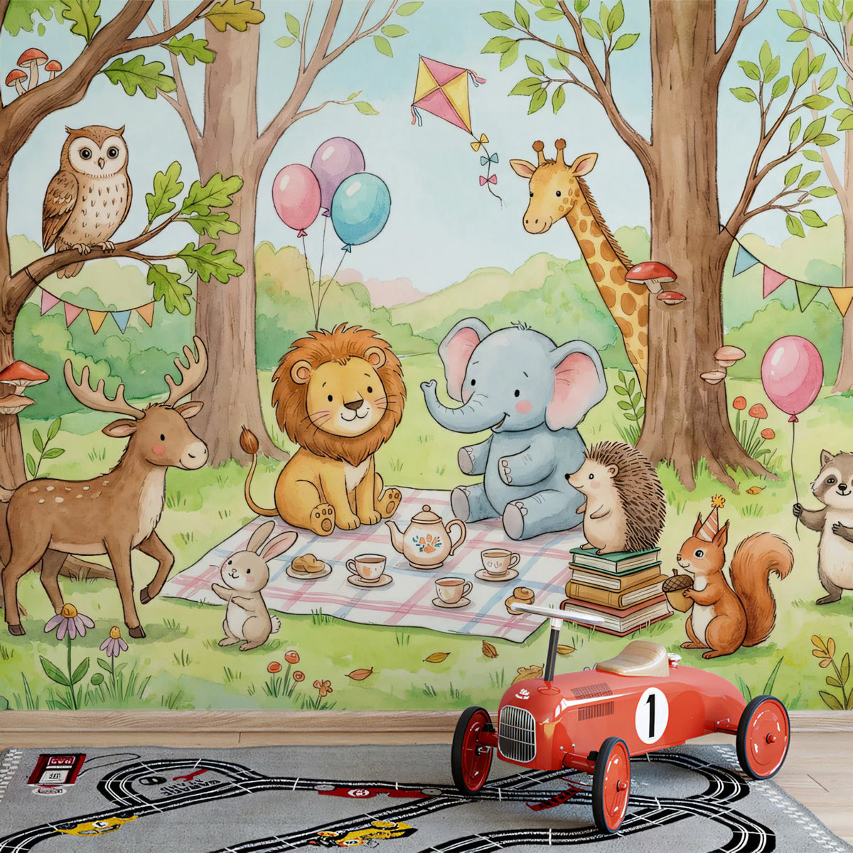 Watercolor Woodland Animals Picnic Mural Wallpaper — Whimsical Decor Mural Wallpaper - pure wallpaper artwork