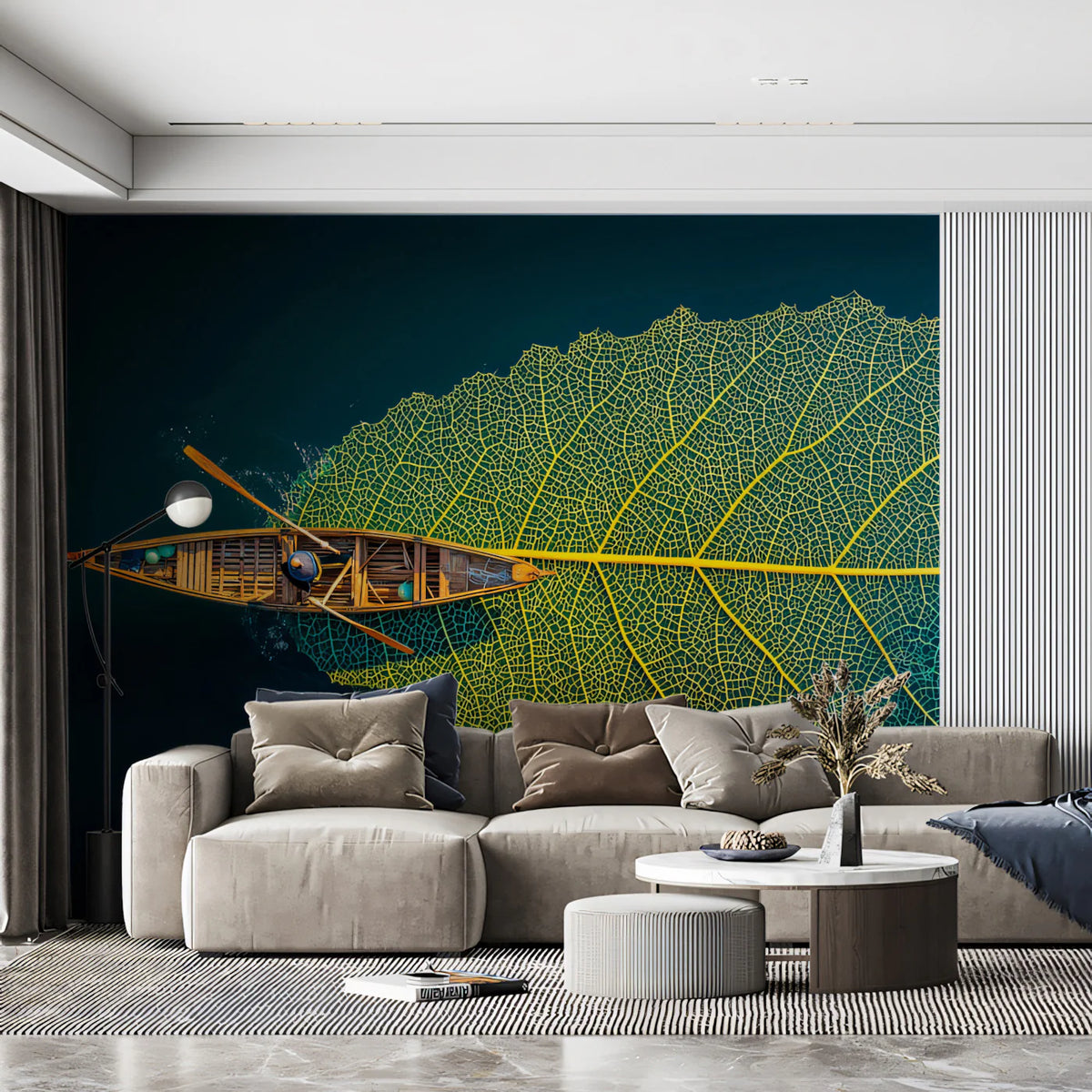 Floating Leaf Boat Aerial Mural Wallpaper — Surreal Nature Art Mural Wallpaper - pure wallpaper artwork