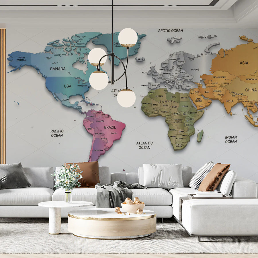 World Map Geographic Mural Wallpaper — Modern Educational Decor Mural Wallpaper