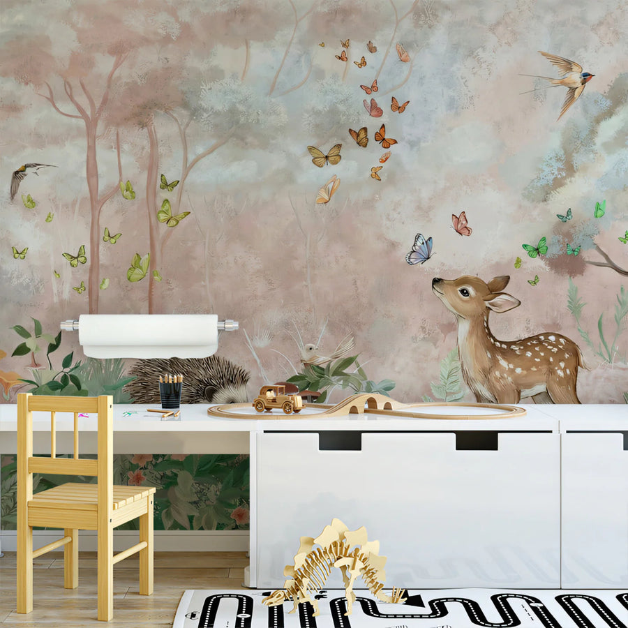 Whimsical Forest Friends Mural Wallpaper — Soft Pastel Woodland Scene Mural Wallpaper