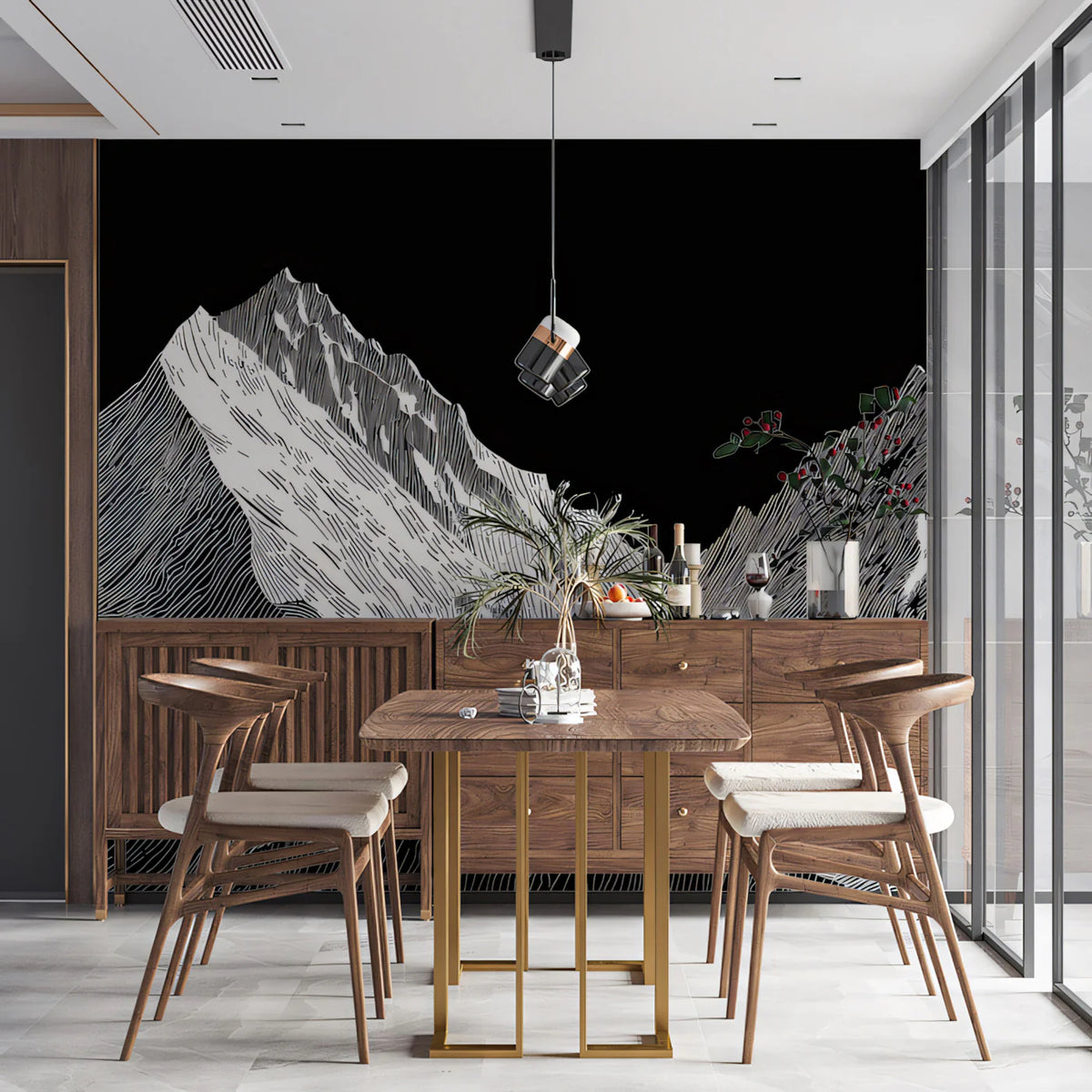 Minimalist Mountain Peaks Mural Wallpaper — Modern Ink Sketch Mural Wallpaper - pure wallpaper artwork