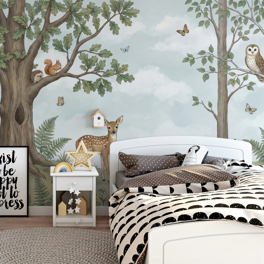 Watercolor Woodland Animals Mural Wallpaper — Artistic Forest Scene Mural Wallpaper