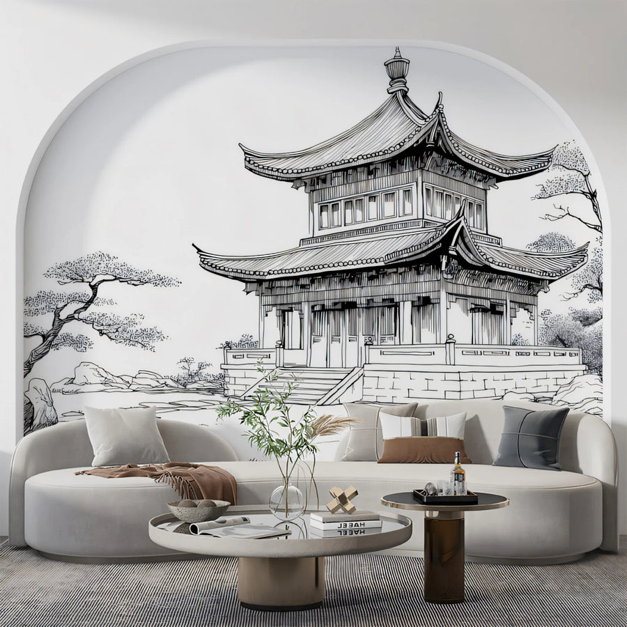 Chinese Pavilion Garden Sketch Mural Wallpaper — Monochrome Line Art Mural Wallpaper