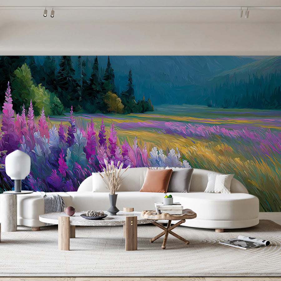 Purple Wildflower Meadow Mural Wallpaper — Impressionistic Landscape Mural Wallpaper