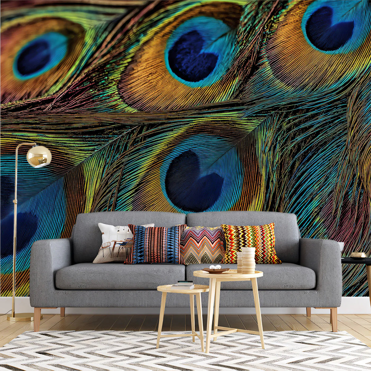 Macro Peacock Feather Mural Wallpaper — Vibrant Iridescent Detail Mural Wallpaper - pure wallpaper artwork