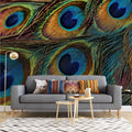 Macro Peacock Feather Mural Wallpaper — Vibrant Iridescent Detail Mural Wallpaper - pure wallpaper artwork