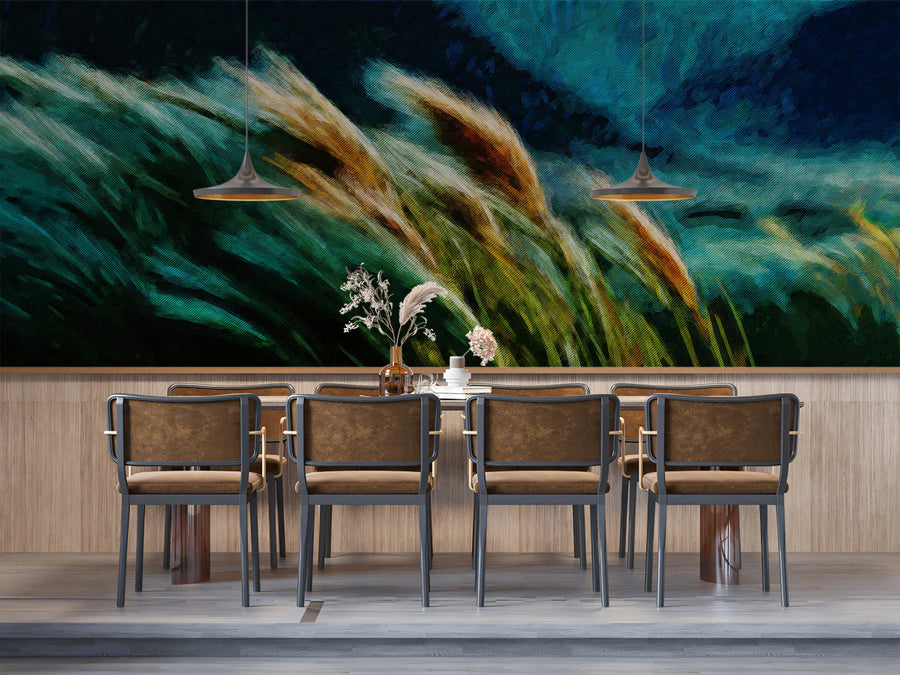Windblown Meadow Mural Wallpaper — Moody Impressionist Oil Painting Mural Wallpaper