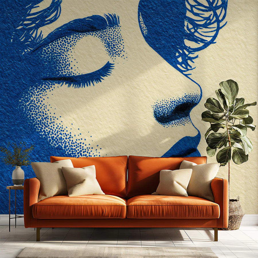 Stippled Woman Portrait Mural Wallpaper — Cobalt and Cream Pop Art Mural Wallpaper
