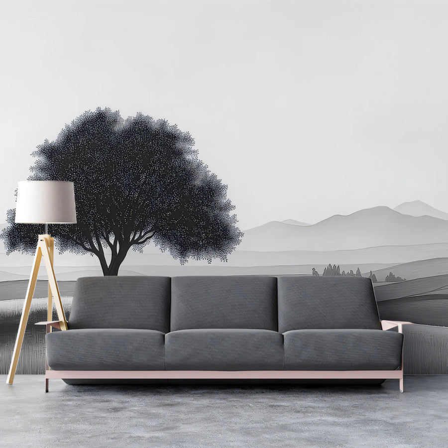 Solitary Tree Landscape Mural Wallpaper — Minimalist Monochrome Mural Wallpaper