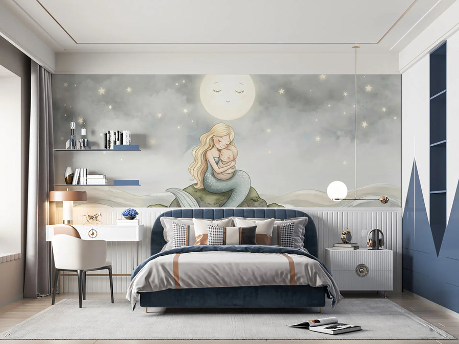 Mermaid Mother and Child Mural Wallpaper — Gentle Night Scene Mural Wallpaper