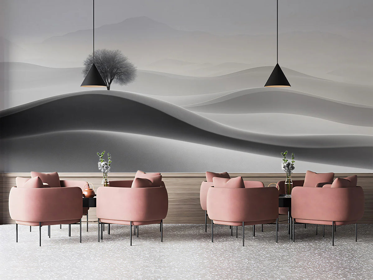 Solitary Tree in Desert Dunes Mural Wallpaper — Minimalist Landscape Mural Wallpaper - pure wallpaper artwork