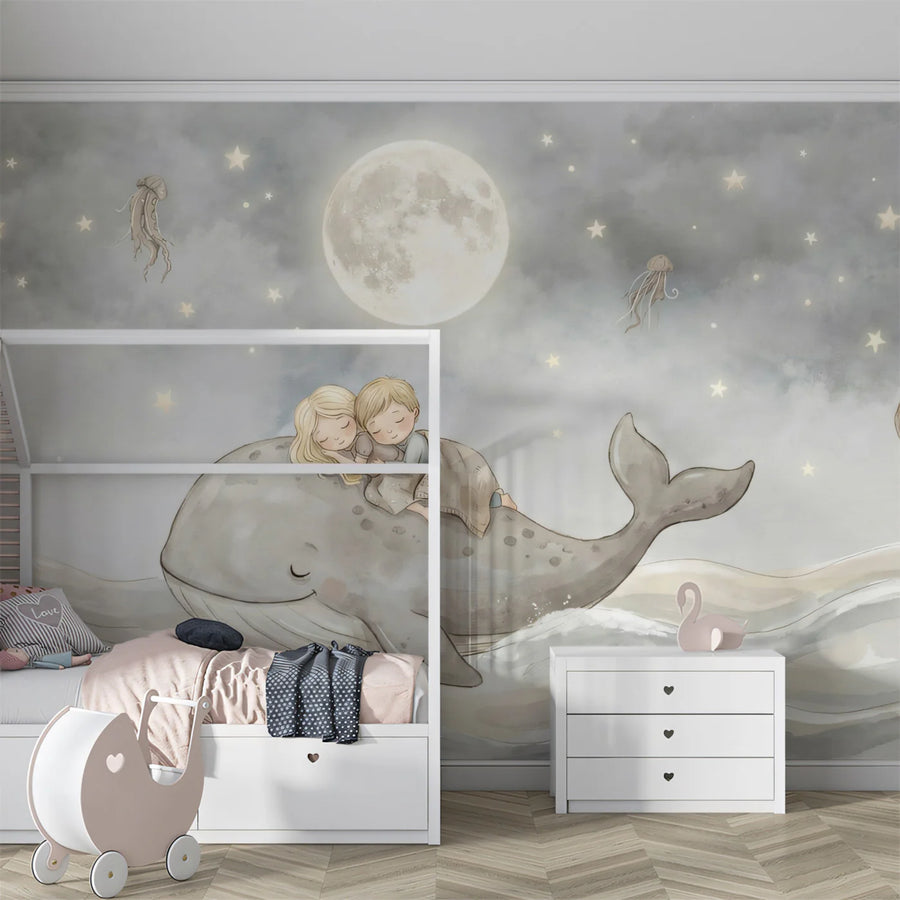 Sleeping Children on Whale Mural Wallpaper — Whimsical Night Sky Art Mural Wallpaper