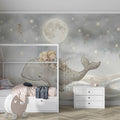 Sleeping Children on Whale Mural Wallpaper — Whimsical Night Sky Art Mural Wallpaper - pure wallpaper artwork