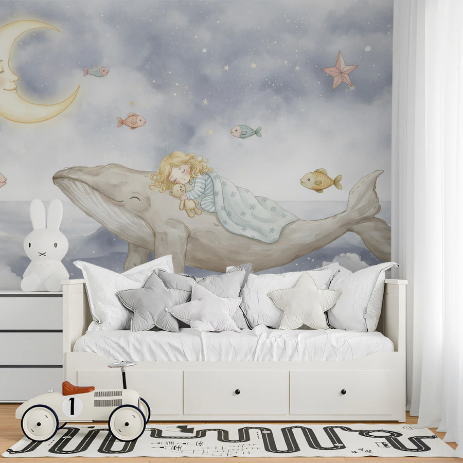 Sleeping Girl on Whale Mural Wallpaper — Whimsical Night Sky Art Mural Wallpaper