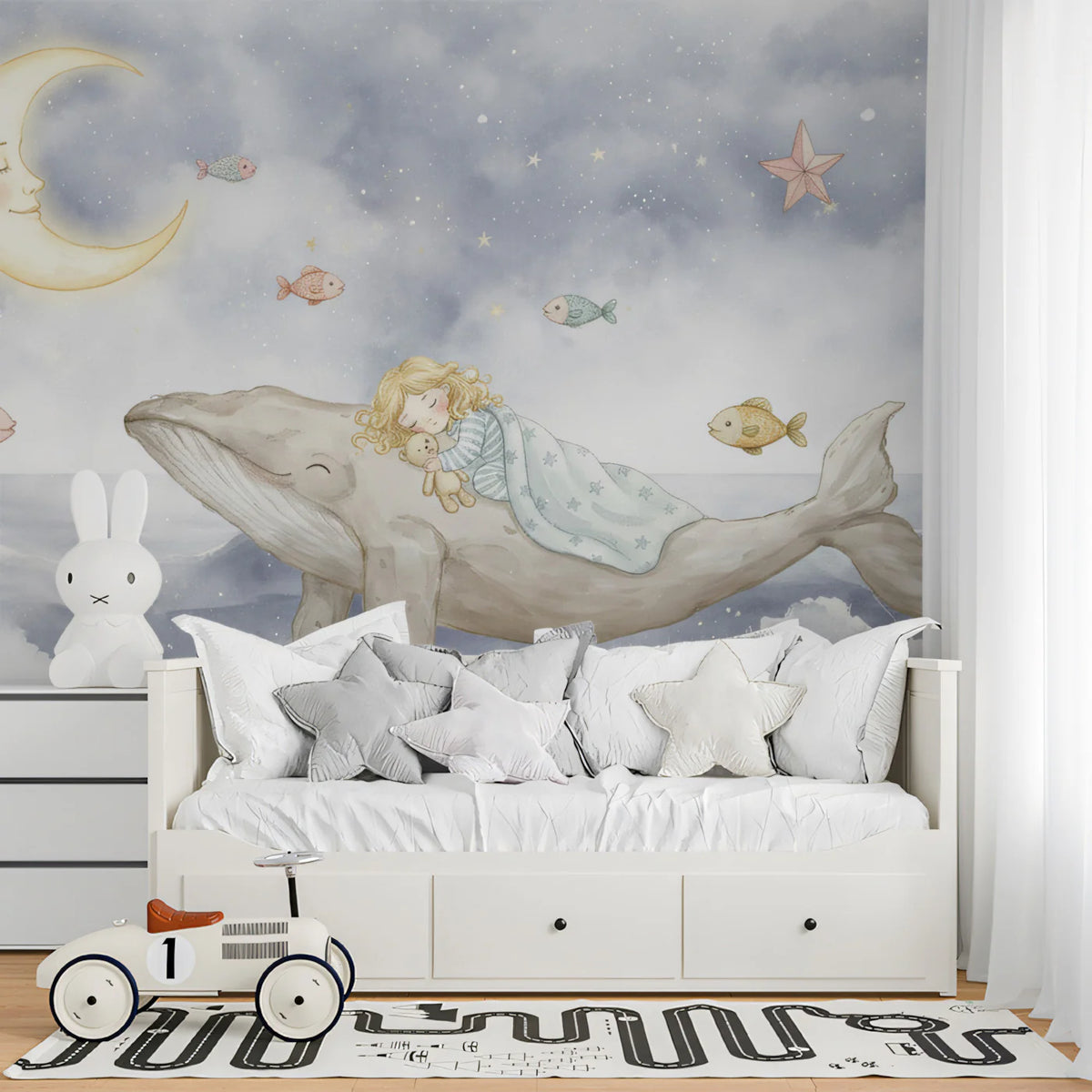 Sleeping Girl on Whale Mural Wallpaper — Whimsical Night Sky Art Mural Wallpaper - pure wallpaper artwork