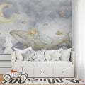 Sleeping Girl on Whale Mural Wallpaper — Whimsical Night Sky Art Mural Wallpaper - pure wallpaper artwork