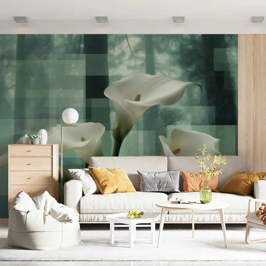 Calla Lily Forest Mural Wallpaper — Abstract Green Floral Art Mural Wallpaper