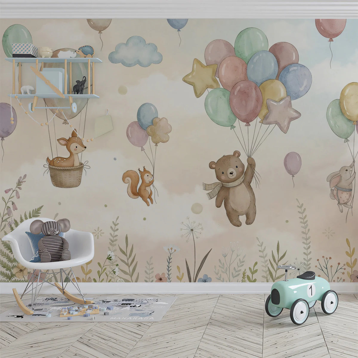 Floating Forest Friends Mural Wallpaper — Whimsical Nursery Decor Mural Wallpaper - pure wallpaper artwork