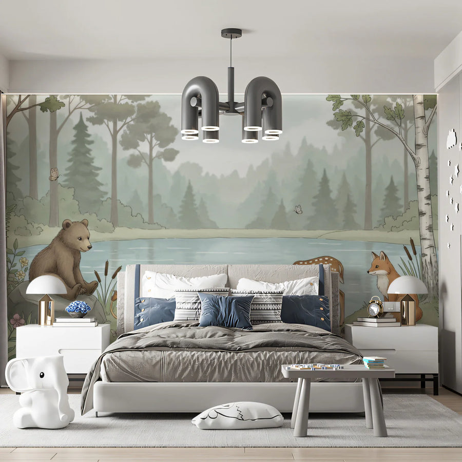 Watercolor Forest Animals Pond Scene Mural Wallpaper Nature Nursery Decor Mural Wallpaper