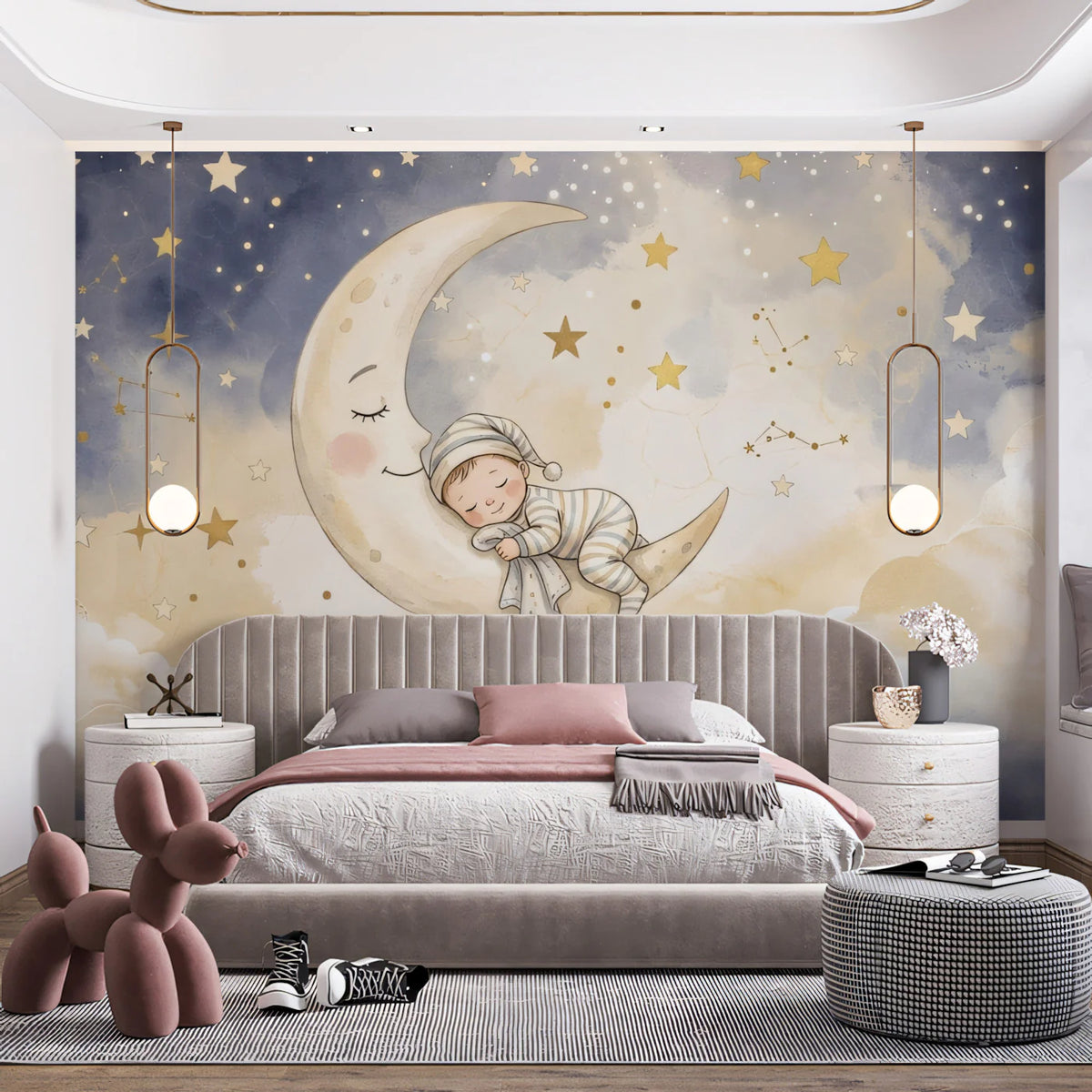 Sleeping Baby on Crescent Moon Mural Wallpaper — Whimsical Night Sky Mural Wallpaper - pure wallpaper artwork