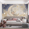 Sleeping Baby on Crescent Moon Mural Wallpaper — Whimsical Night Sky Mural Wallpaper - pure wallpaper artwork