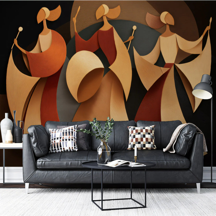Abstract Paper Cut Dancer Mural Wallpaper in Warm Earth Tones Mural Wallpaper