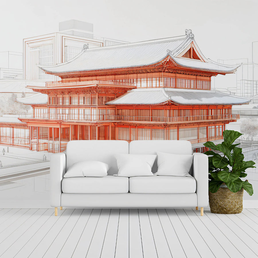 Chinese Architecture Line Art Mural Wallpaper in Vibrant Red Mural Wallpaper