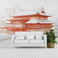 Chinese Architecture Line Art Mural Wallpaper in Vibrant Red Mural Wallpaper - pure wallpaper artwork