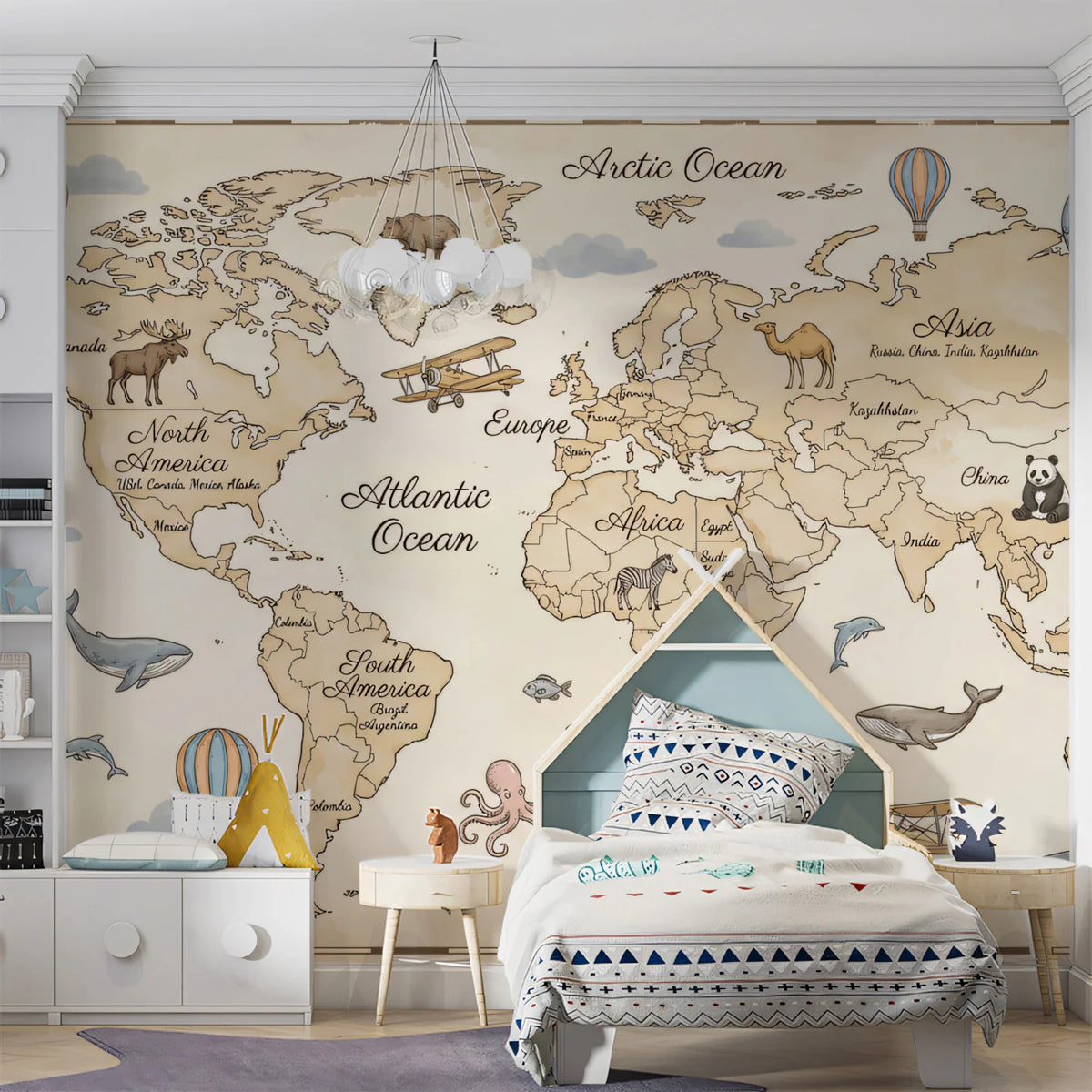 Vintage World Map Mural Wallpaper with Illustrated Animal Accents Mural Wallpaper - pure wallpaper artwork