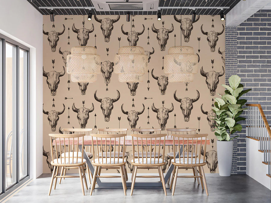 Vintage Cow Skull Western Mural Wallpaper —Rustic Beige Pattern Mural Wallpaper